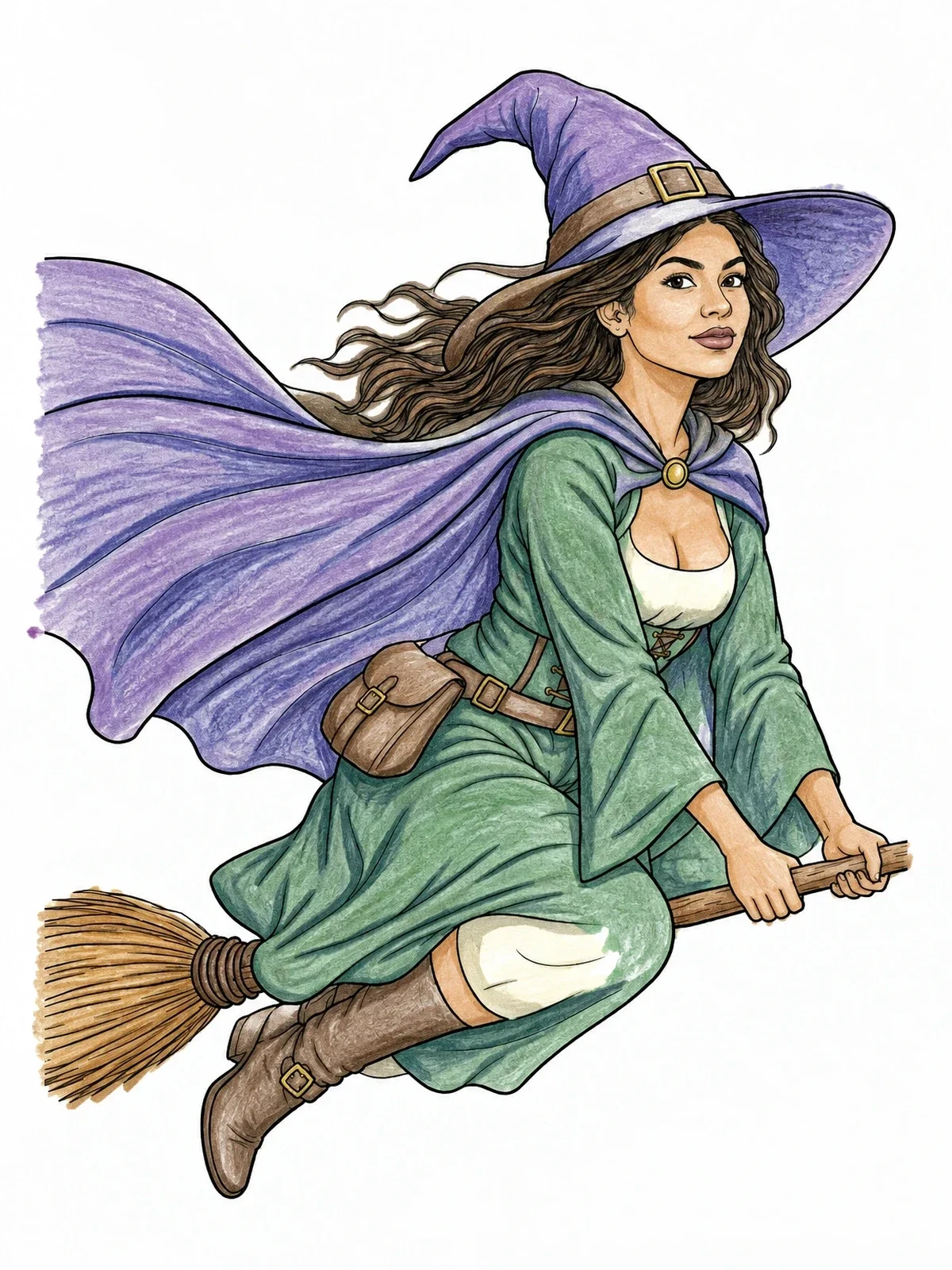 Colored example of the Young Witch Flying On Broomstick coloring page