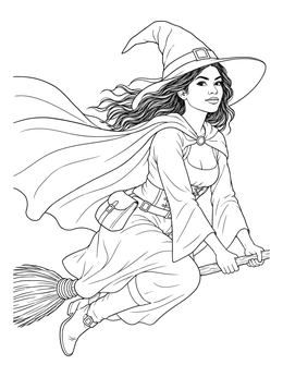A young witch coloring page flying through the air on a broomstick.