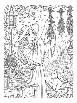 A young witch hanging dried herbs on this magical lavender coloring page with a castle view.