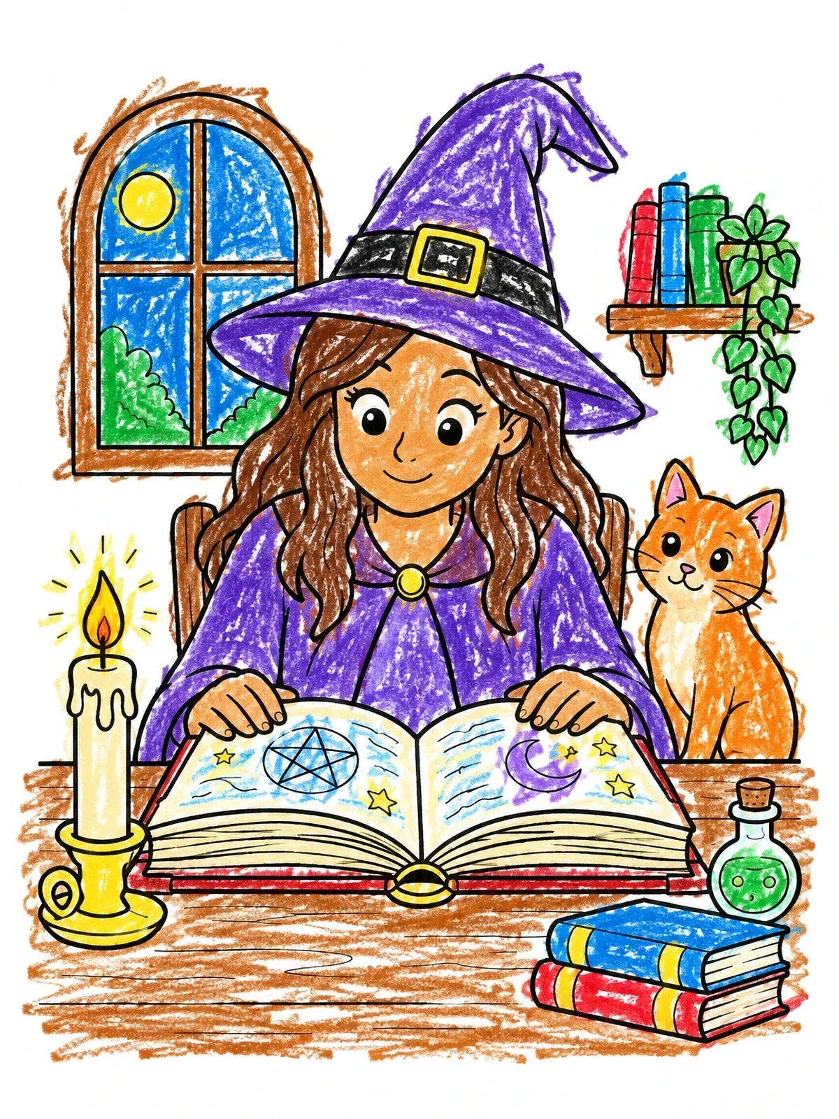 Colored example of the Young Witch Reading A Spellbook coloring page