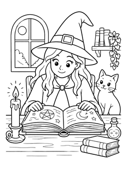 Free printable Young Witch Reading A Spellbook coloring page