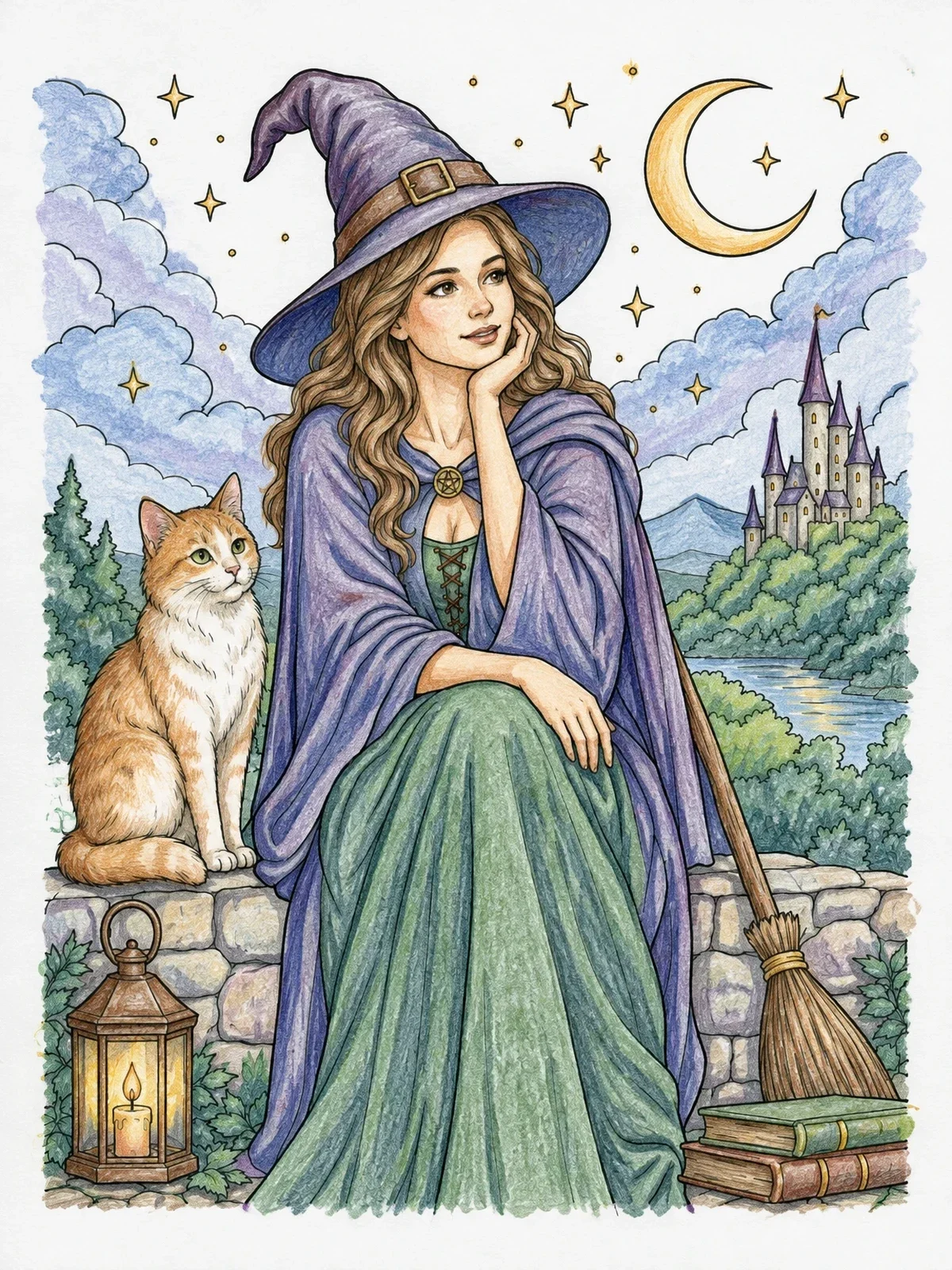 Colored example of the Young Witch Sitting Under The Moon coloring page
