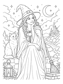 A serene young witch coloring page with her cat under a starry crescent moon.