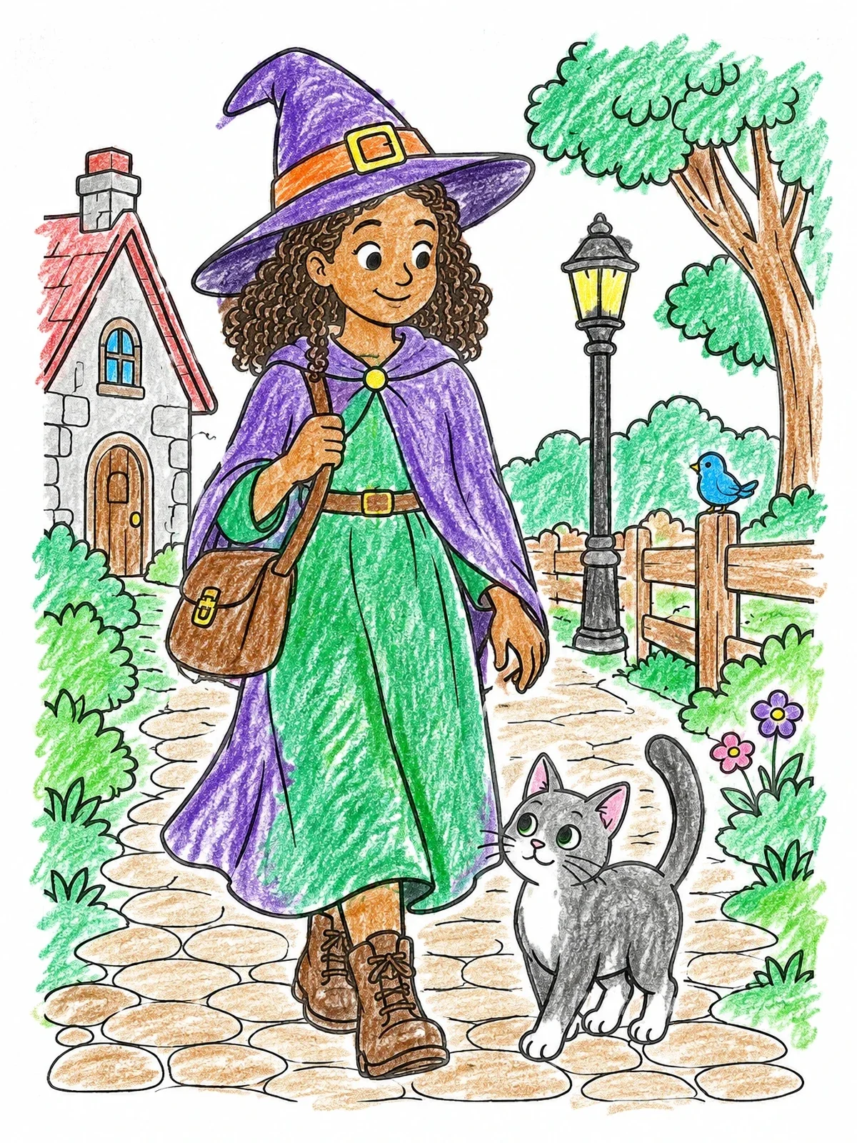 Colored example of the Young Witch Walking Her Cat coloring page