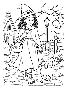A friendly young witch walking along a cobblestone path beside her cat in this witch coloring page.