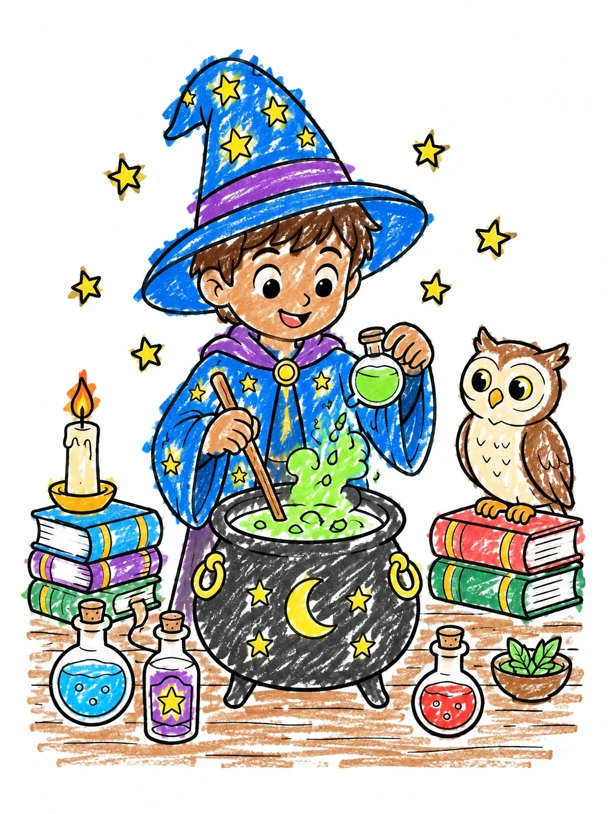 Colored example of the Young Wizard Brewing A Magic Potion coloring page