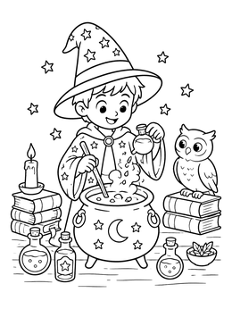 Free printable Young Wizard Brewing A Magic Potion coloring page