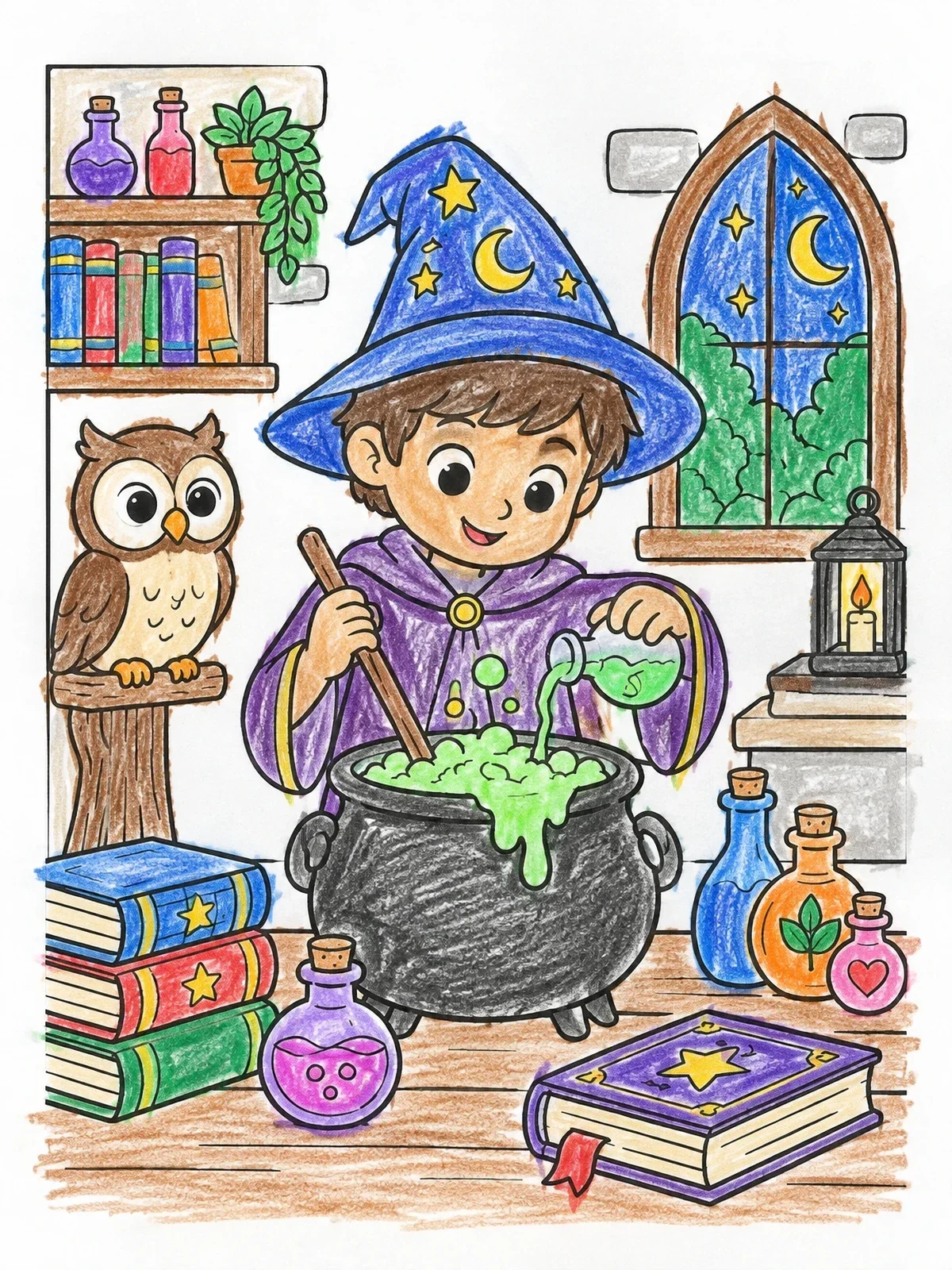 Colored example of the Young Wizard Brewing A Magic Potion coloring page