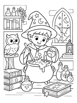 Free printable Young Wizard Brewing A Magic Potion coloring page