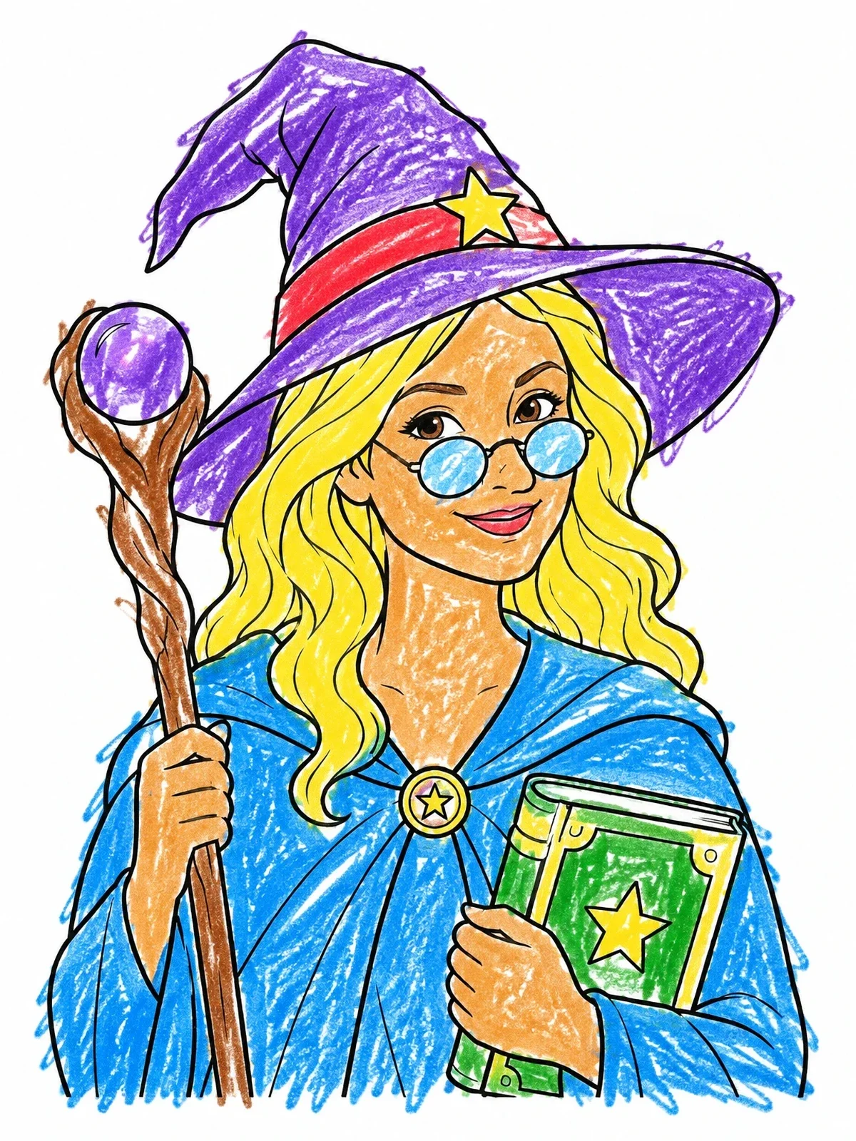 Colored example of the Young Wizard With Staff And Book coloring page