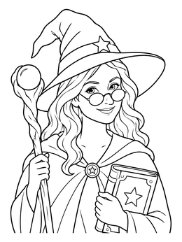 A smiling young wizard coloring page featuring round glasses, a magical staff, and a spellbook.