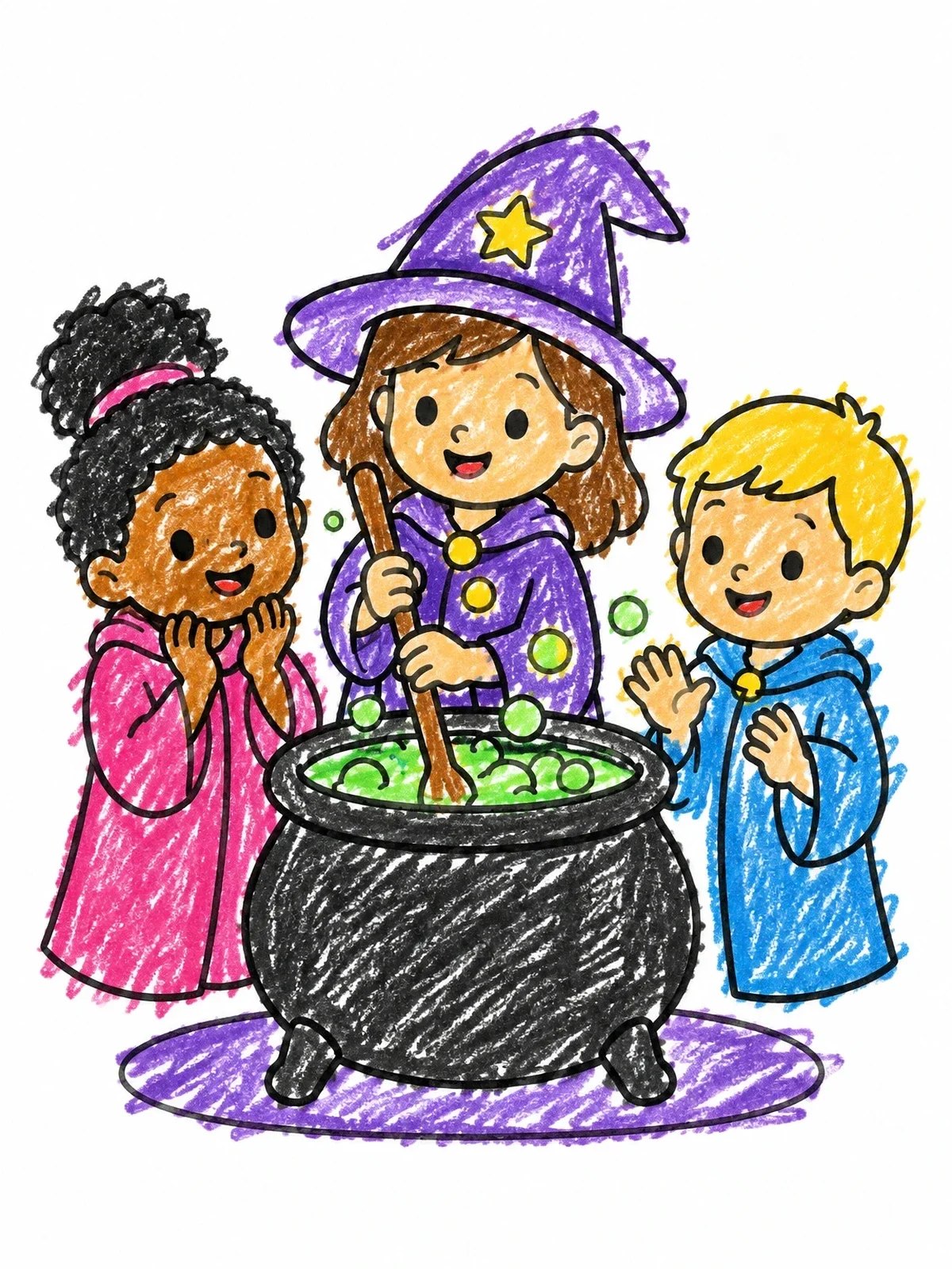 Colored example of the Young Wizards Brewing Potion In Cauldron coloring page