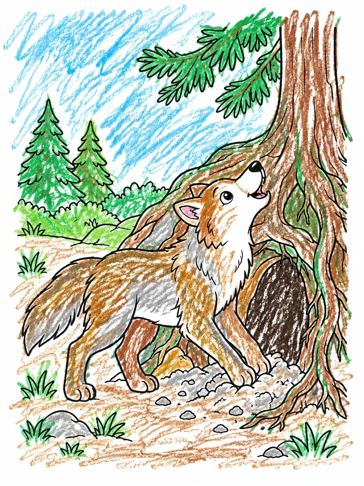 Colored example of the Young Wolf Near Forest Den coloring page