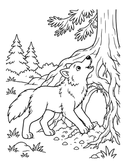 A friendly wolf coloring page showing a pup howling by a tree den in the forest.