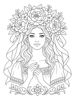 Detailed fiesta coloring page featuring an elegant woman in a lush floral crown and ribbons.