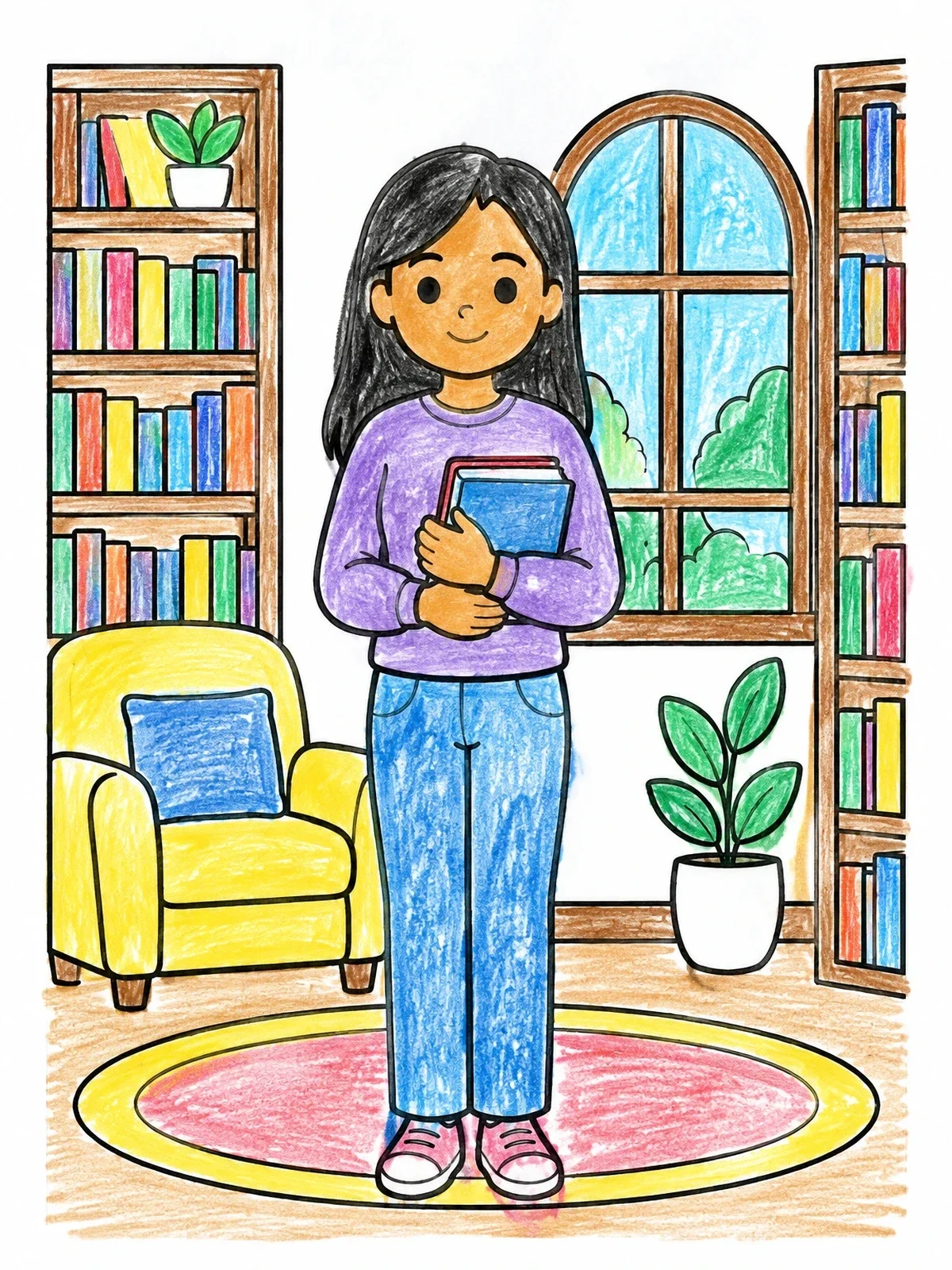 Colored example of the Young Woman In Cozy Home Library coloring page