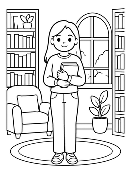 Free printable Young Woman In Cozy Home Library coloring page