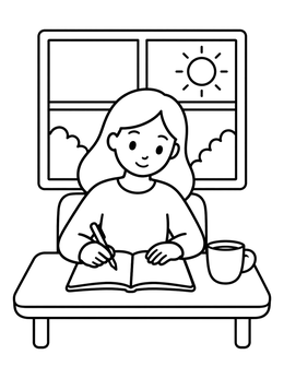 Free printable Young Writer At Desk By The Window coloring page