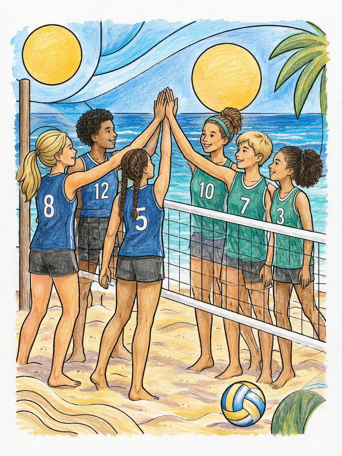 Colored example of the Beach Volleyball Team High Five coloring page