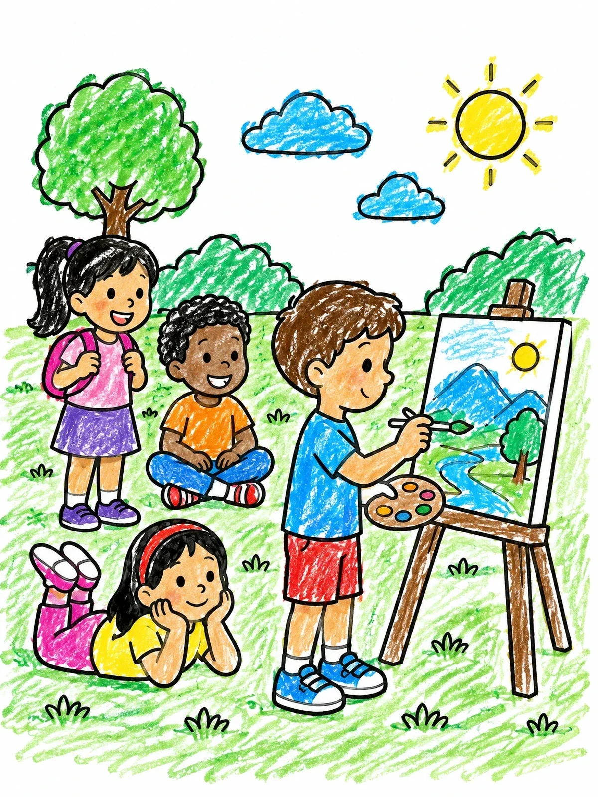 Colored example of the Kids Watching Boy Paint Outdoors coloring page