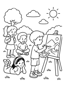 Free printable Kids Watching Boy Paint Outdoors coloring page