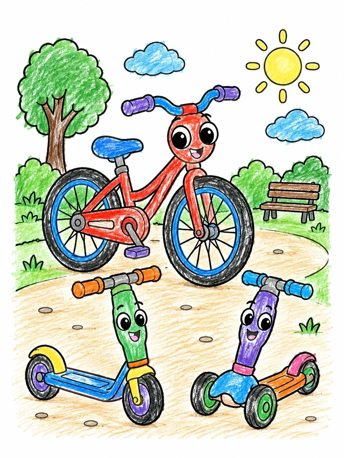 Colored example of the Cheerful Bicycle And Scooters In The Park coloring page