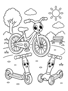 Free printable Cheerful Bicycle And Scooters In The Park coloring page