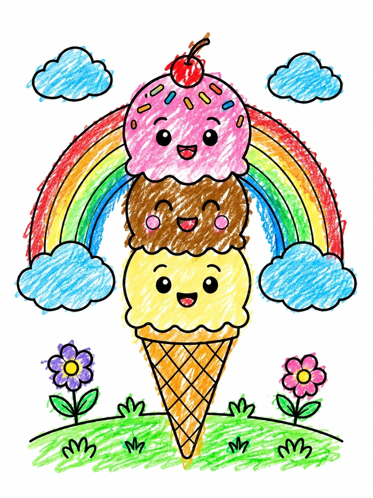 Colored example of the Cute Ice Cream Cone With Rainbow coloring page