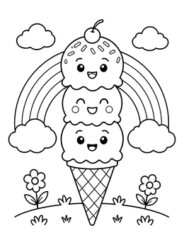 Free printable Cute Ice Cream Cone With Rainbow coloring page