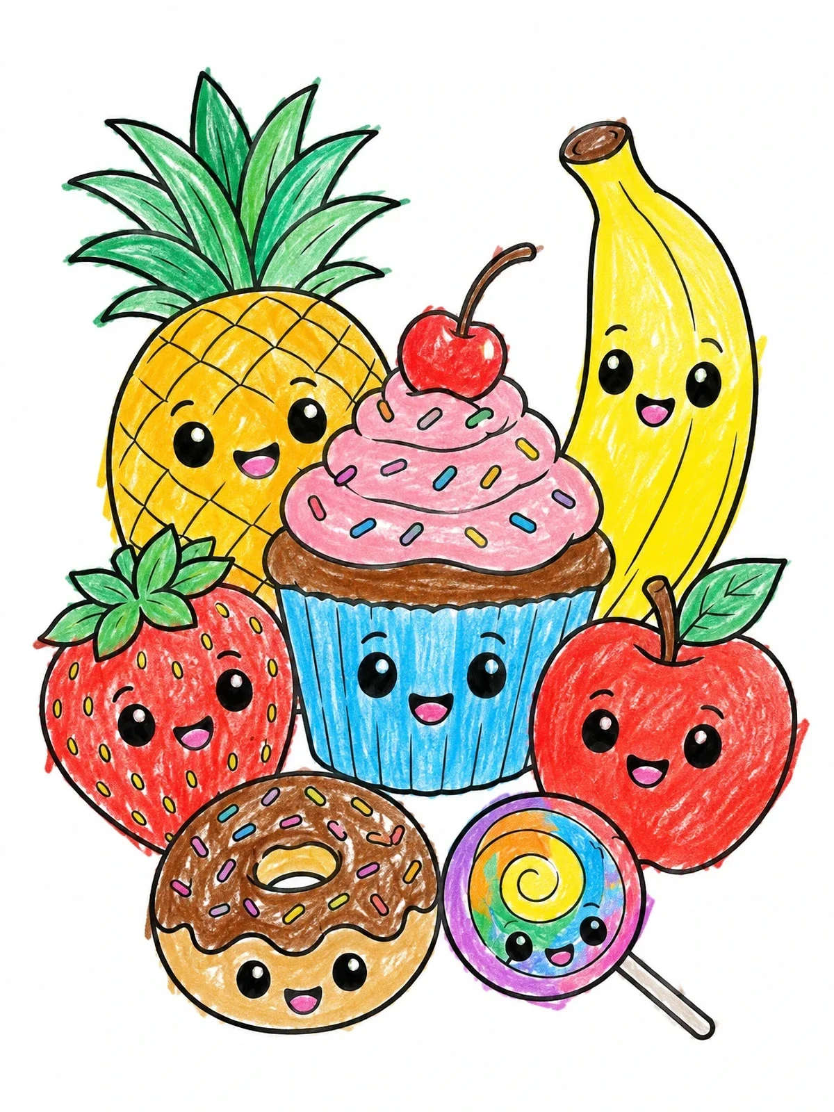 Colored example of the Cute Kawaii Fruits And Sweet Treats coloring page
