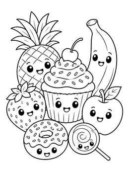 Free printable Cute Kawaii Fruits And Sweet Treats coloring page