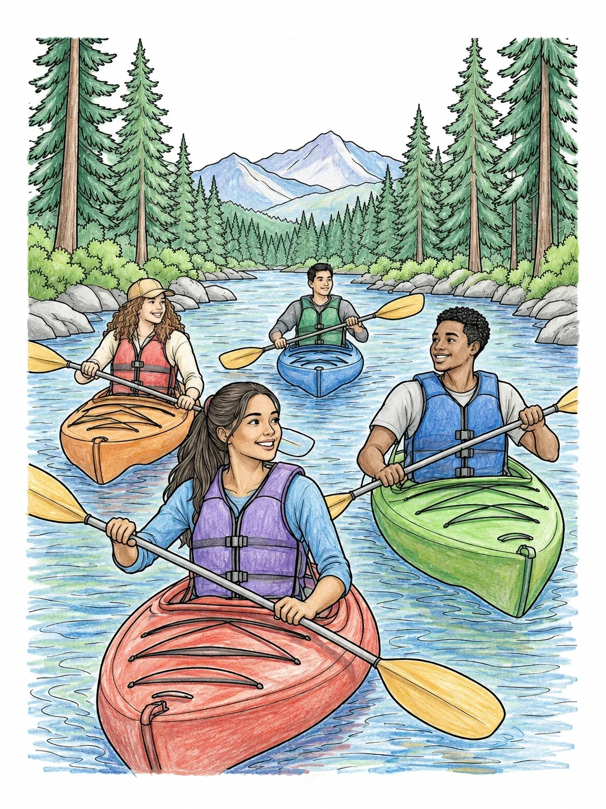 Colored example of the Friends Kayaking On A Mountain River coloring page