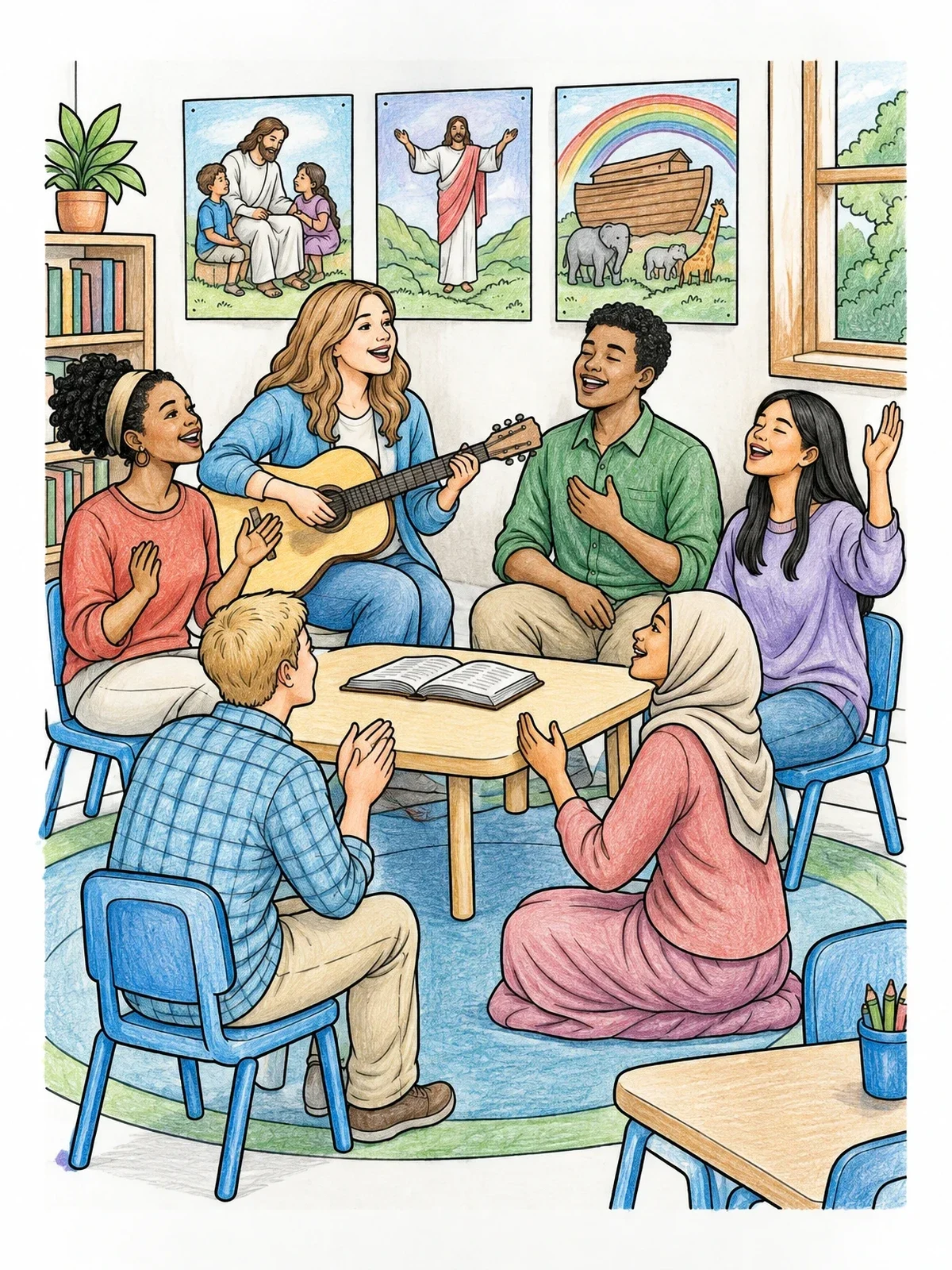 Colored example of the Youth Group Singing Praise And Worship coloring page