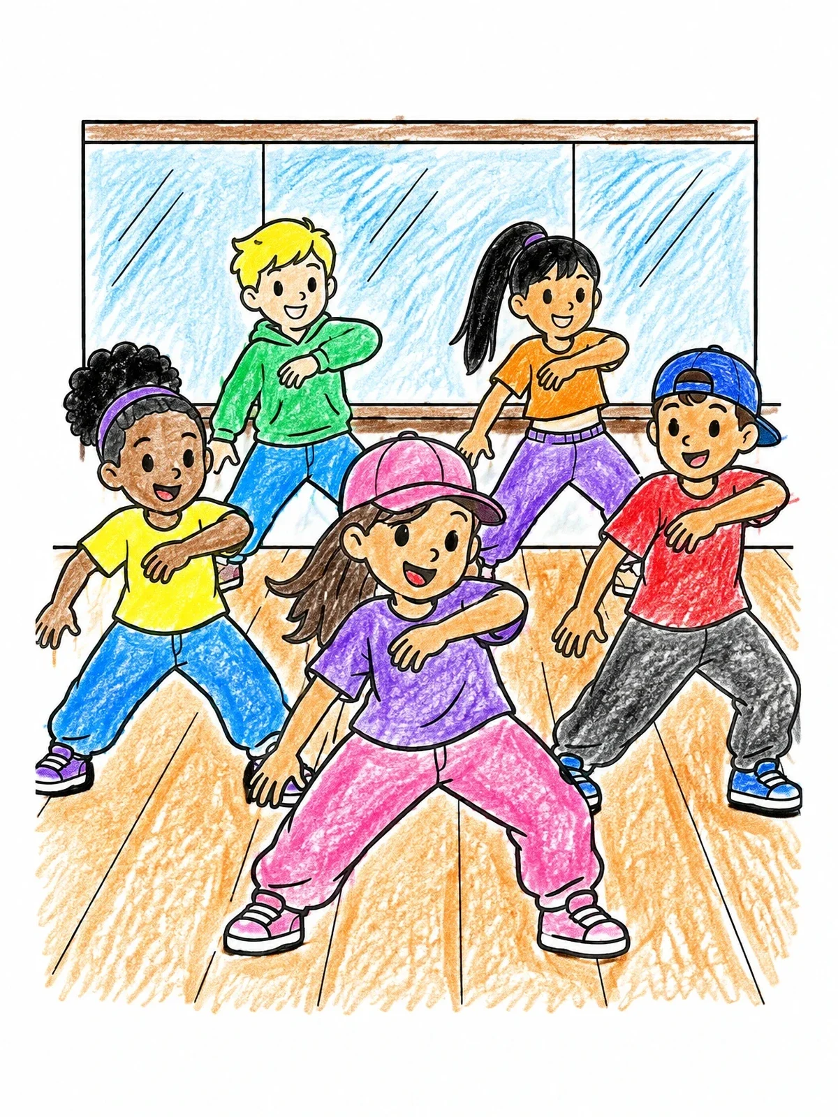 Colored example of the Hip Hop Dance Group Practice coloring page