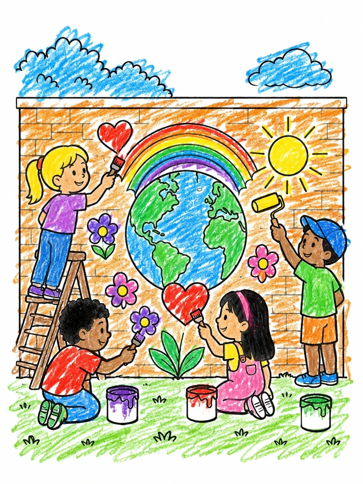 Colored example of the Kids Painting Community Earth Mural coloring page