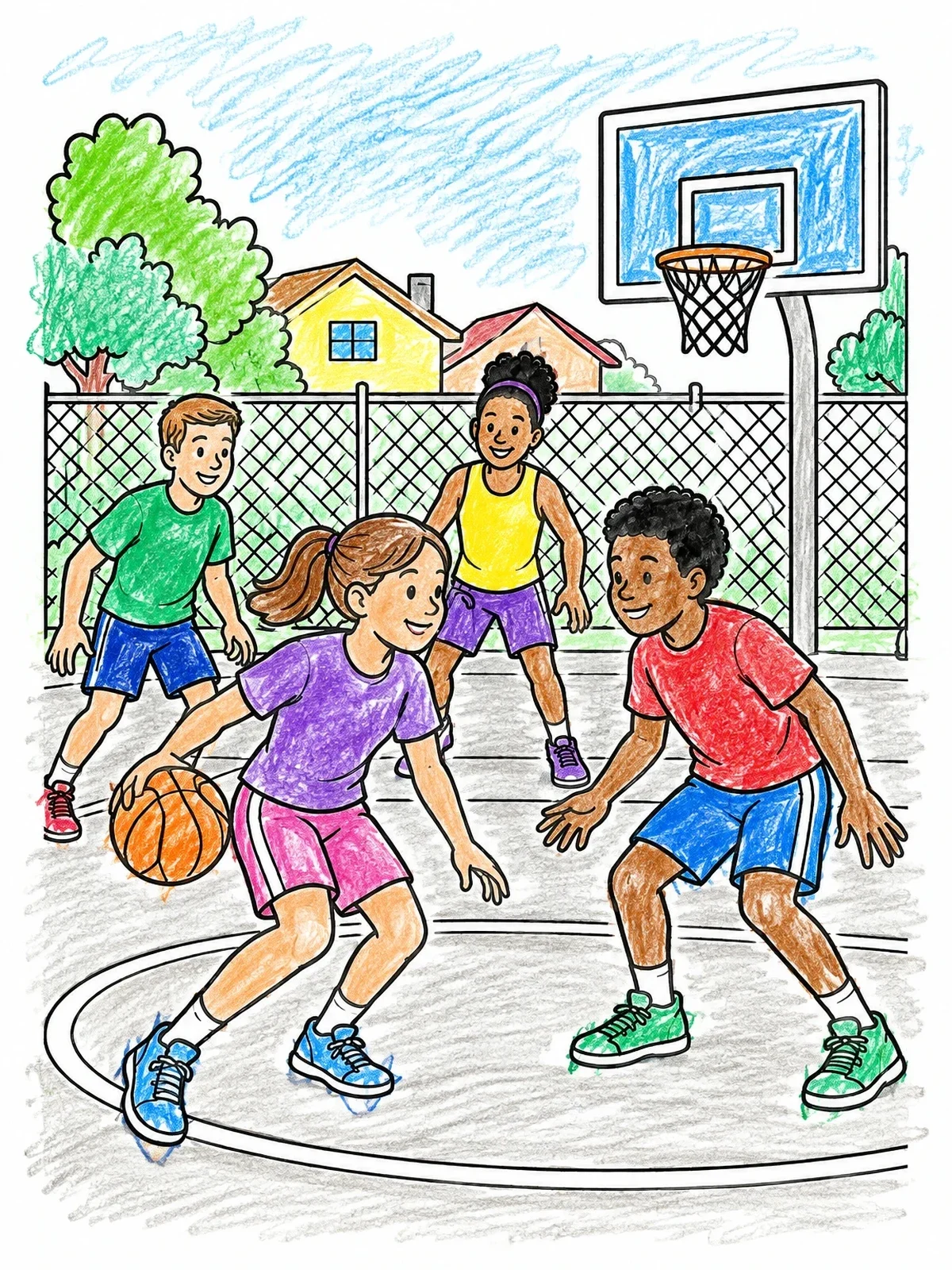 Colored example of the Friends Playing Neighborhood Basketball coloring page