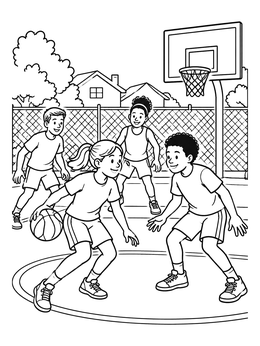 Free printable Friends Playing Neighborhood Basketball coloring page