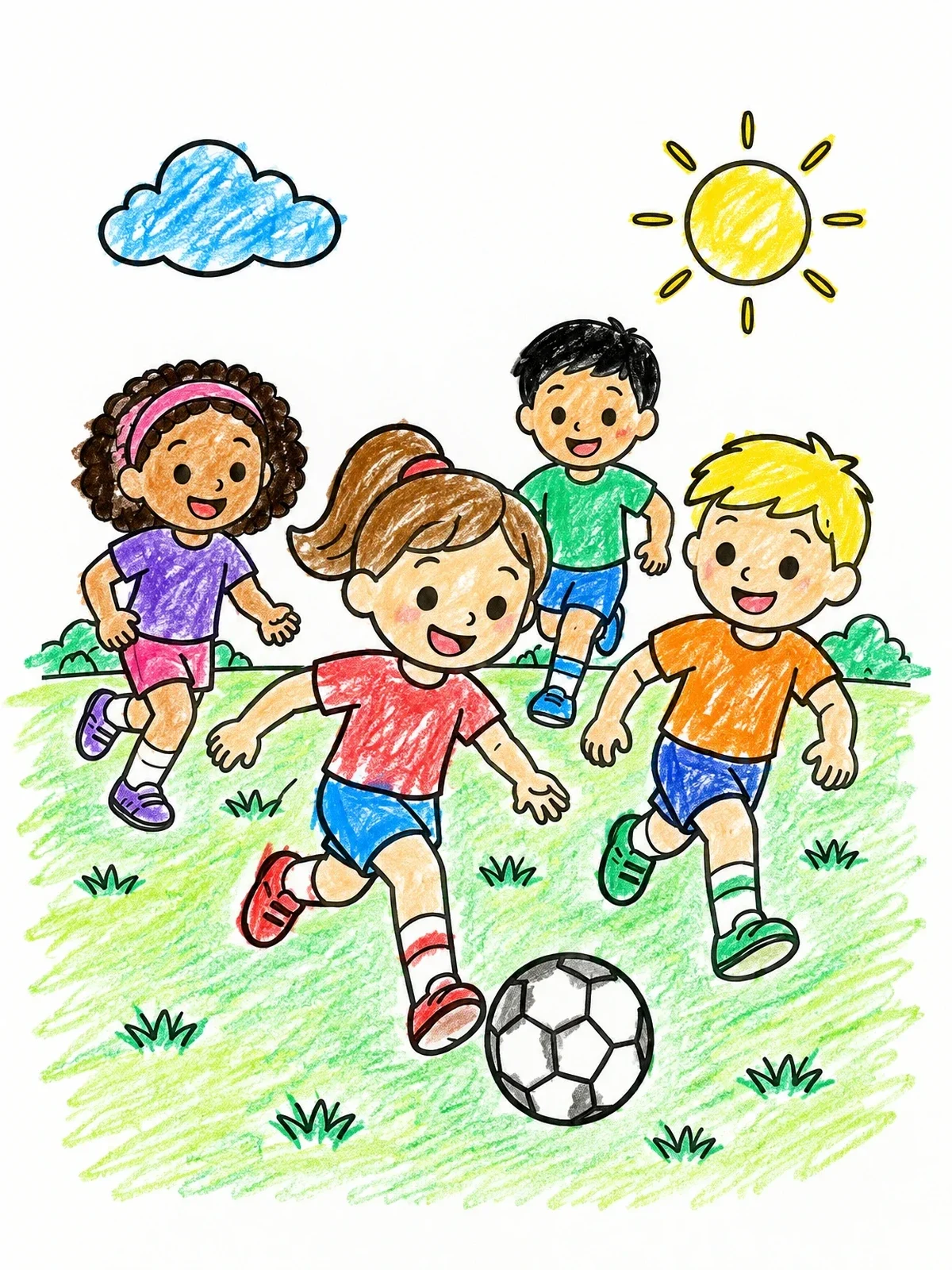 Colored example of the Kids Playing Soccer In Sunshine coloring page