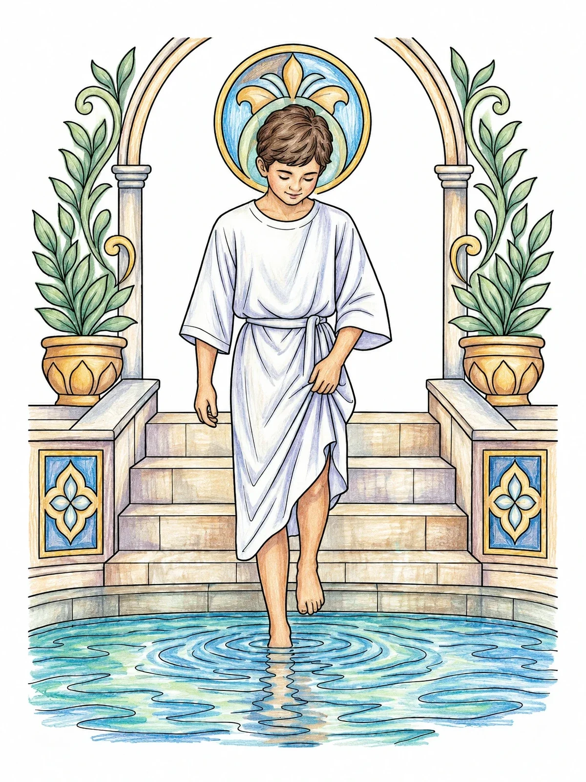 Colored example of the Youth Stepping Into Baptismal Font coloring page