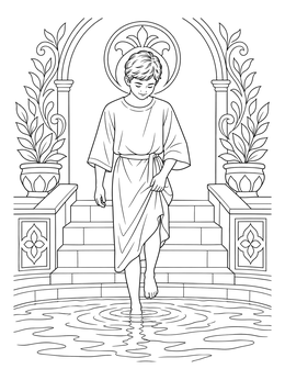 A peaceful baptism coloring page featuring a youth walking into calm waters.