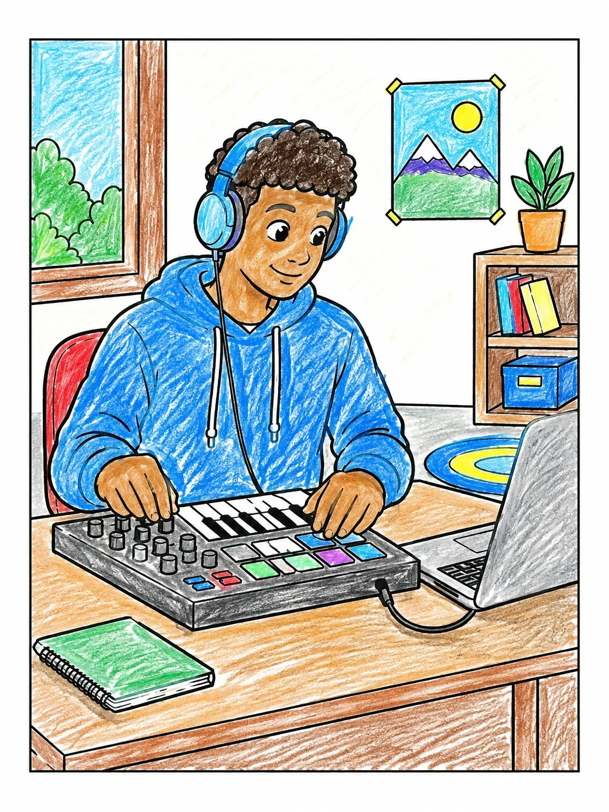 Colored example of the Teenager Producing Music At Desk coloring page
