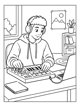 Free printable Teenager Producing Music At Desk coloring page
