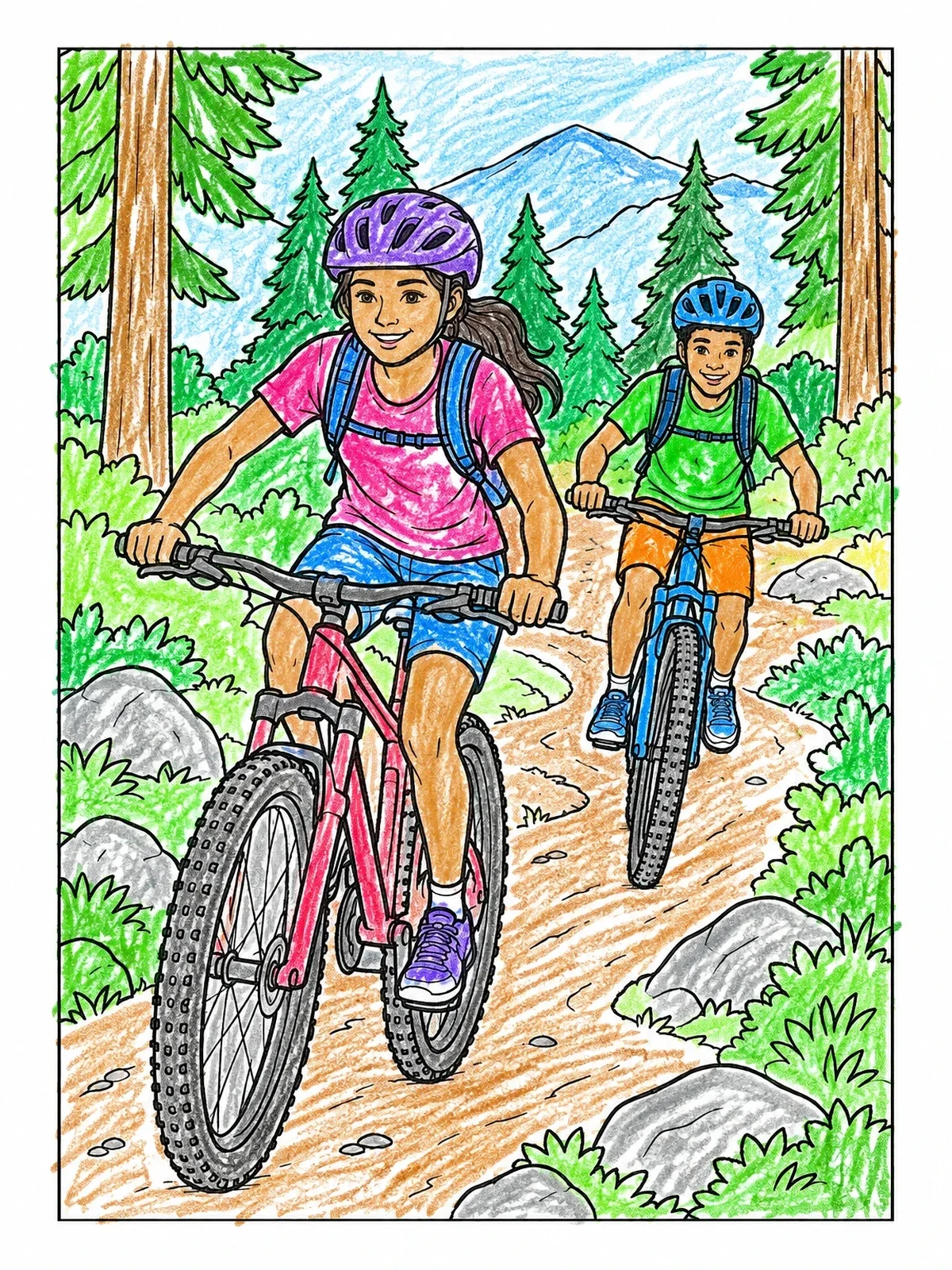 Colored example of the Mountain Biking On Forest Trail coloring page