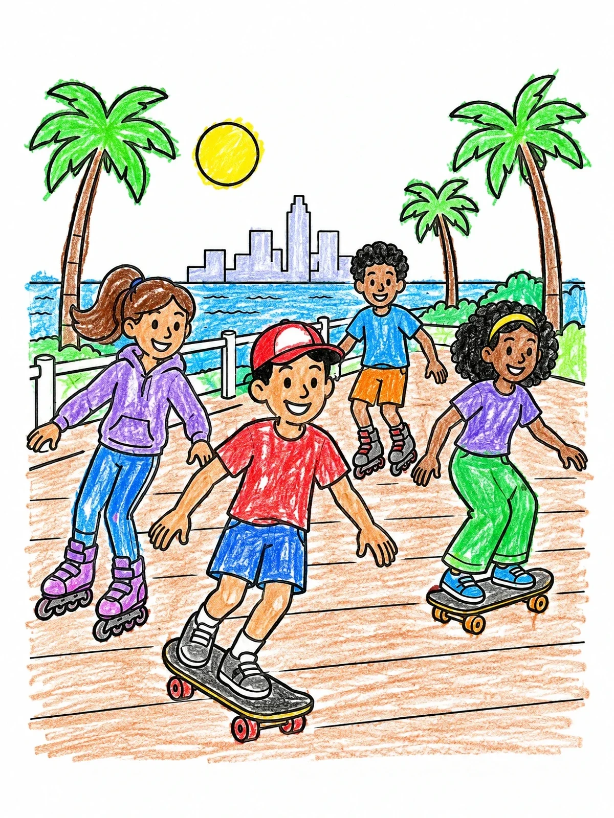 Colored example of the Teens Skating On The Boardwalk coloring page