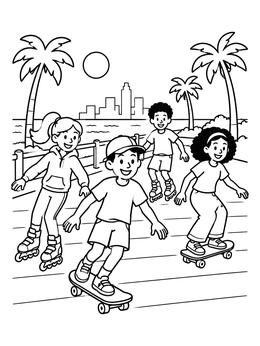 Free printable Teens Skating On The Boardwalk coloring page