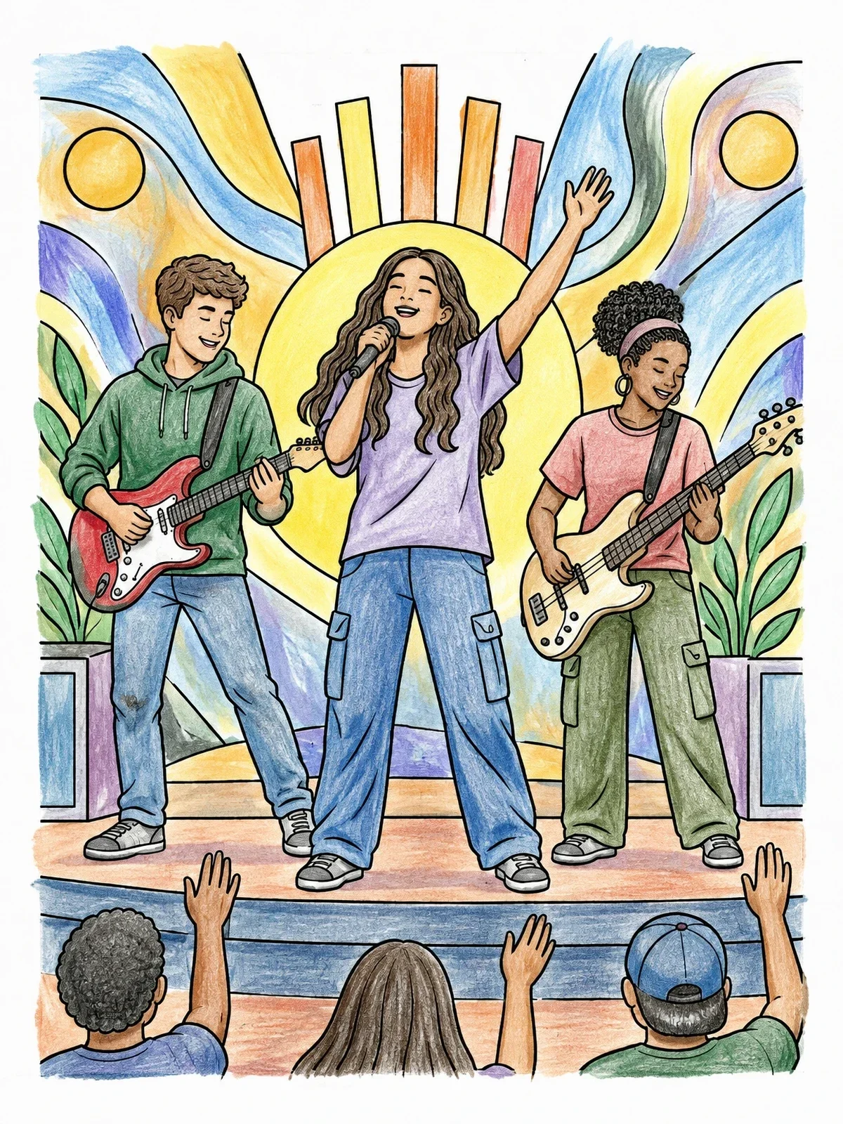 Colored example of the Youth Worship Band On Stage coloring page
