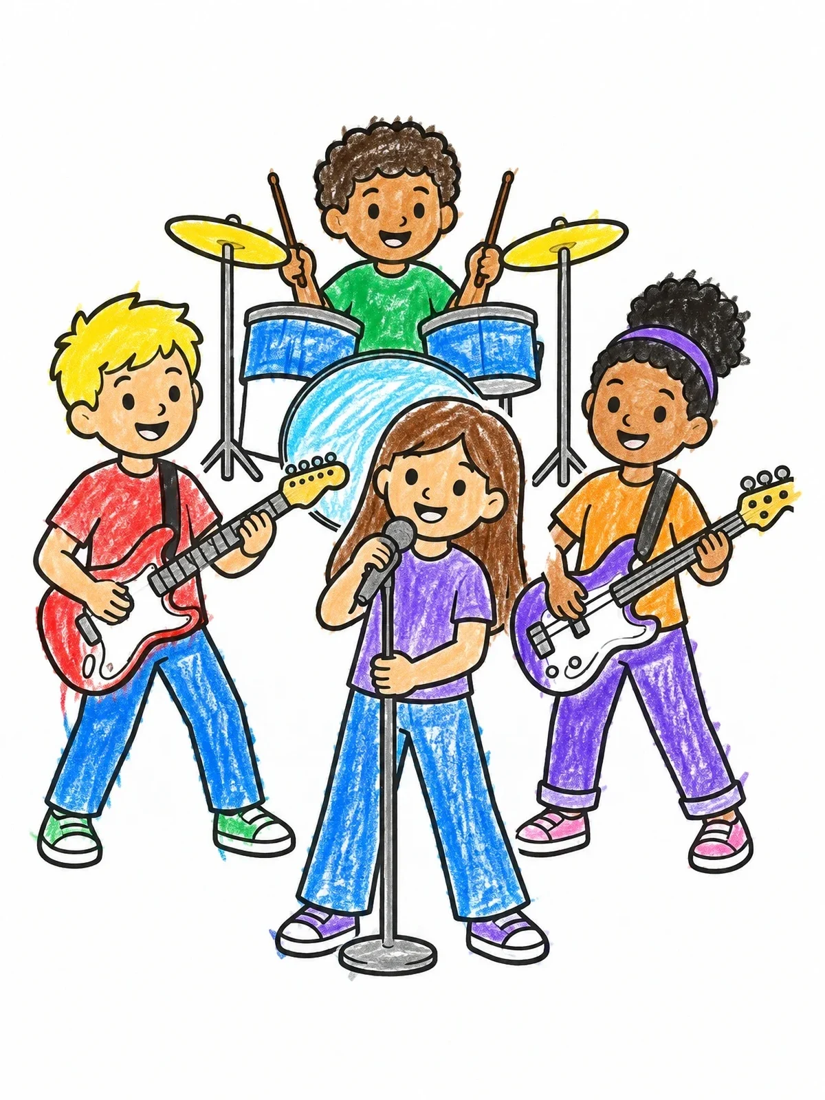 Colored example of the Young Music Band Playing Together coloring page