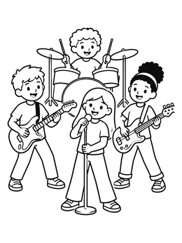 Free printable Young Music Band Playing Together coloring page