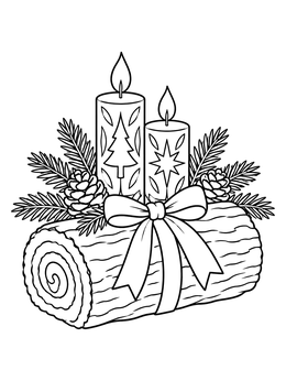 A festive winter solstice coloring page featuring a decorated Yule log with candles and pine sprigs.