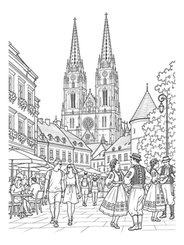 A detailed croatia coloring page showcasing Zagreb Cathedral behind a busy town square with dancers.